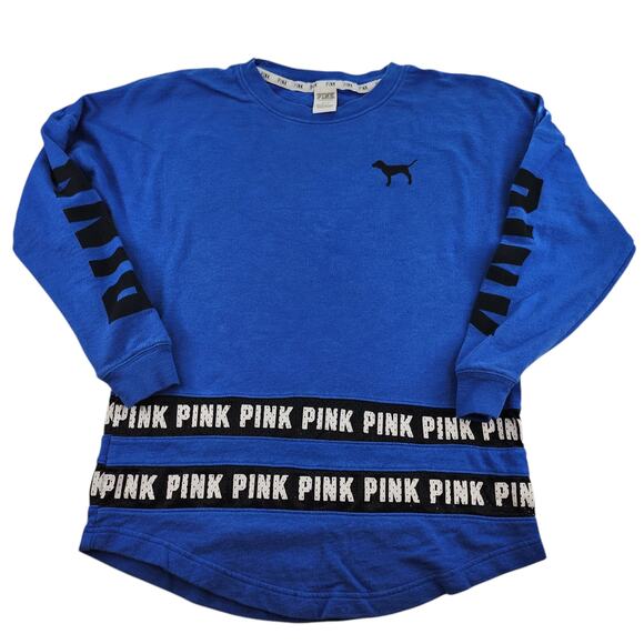 Victorias Secret Pink Sweater Womens Small Blue Black Striped Jersey Oversized - Picture 2 of 14